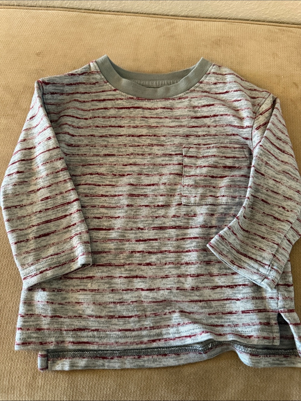 Kids Cat & Jack Long Sleeve Heathered Gray & Red Stripe Pocket Tee 18M